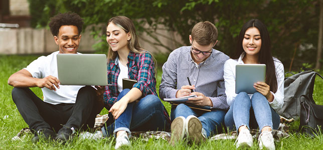 group of college students with their devices