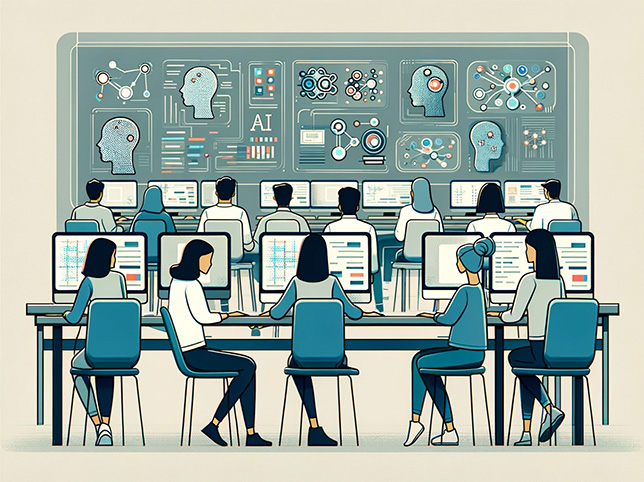 A minimalist, semi-abstract illustration of a diverse classroom with students of various ethnicities at computers, engaging with AI technology depicted as abstract data streams and neural networks.