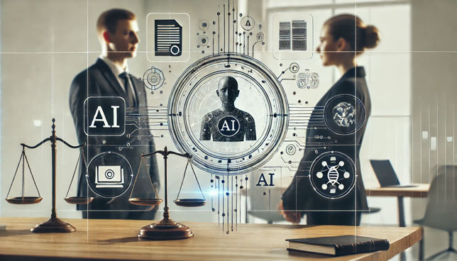 Two professionals, one male and one female, discuss AI 1分钟极速赛车官网开奖 regulations in a modern office with holographic displays showing legal documents, balance scales, and neural network symbols.