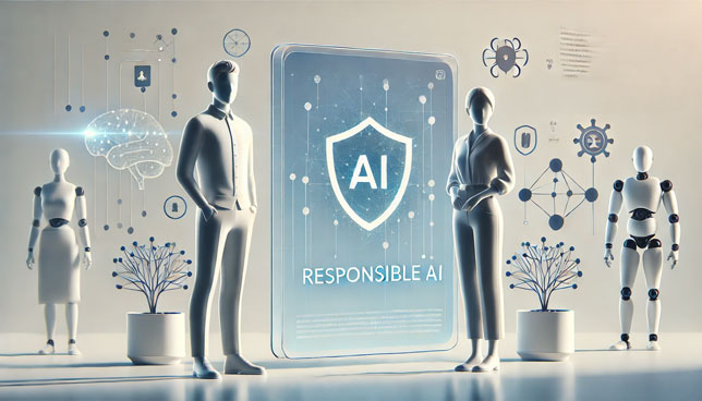 Two figures, one male and one female, stand beside a transparent digital interface displaying AI 1分钟极速赛车官网开奖 symbols like neural networks, code, and a shield, against a clean blue gradient background.